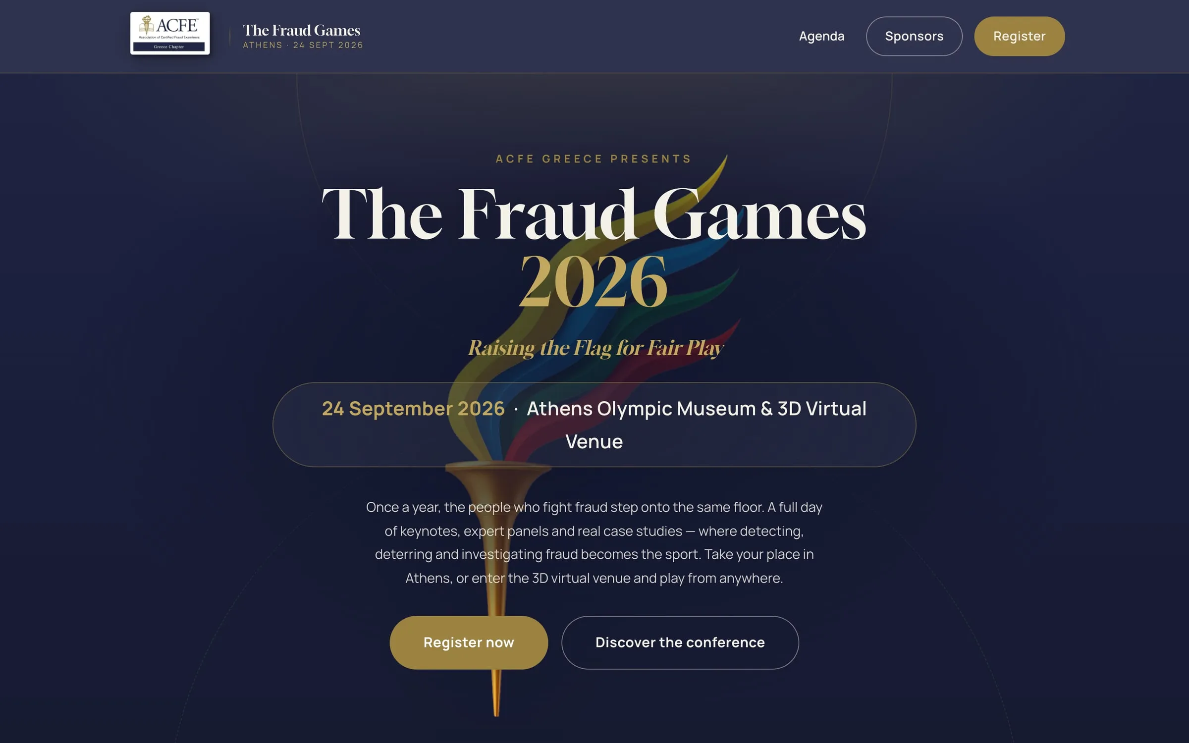 acfegreece.events home page: The Fraud Games 2026 on navy with a torch