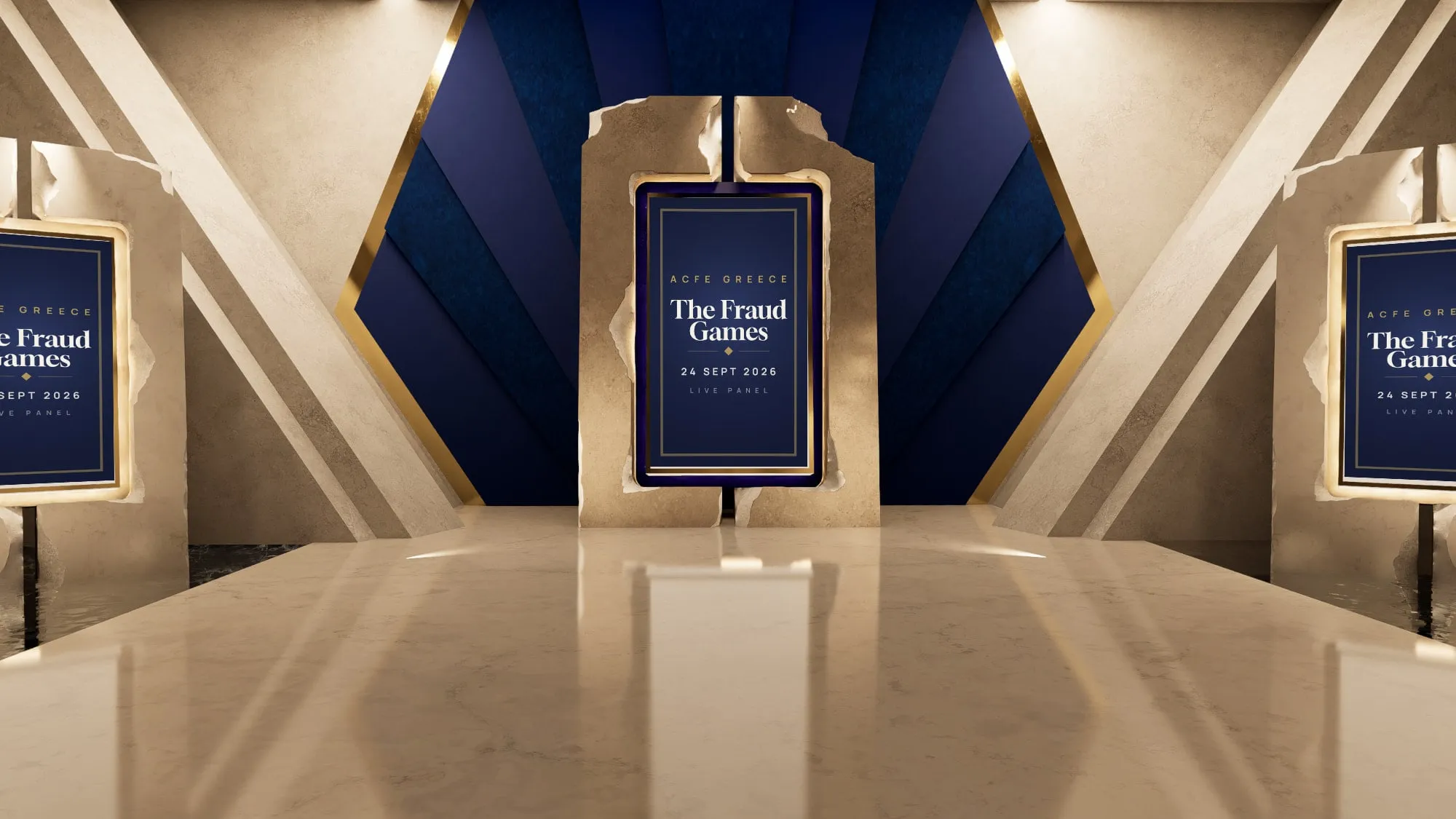 Interview room with navy panels and a portrait screen