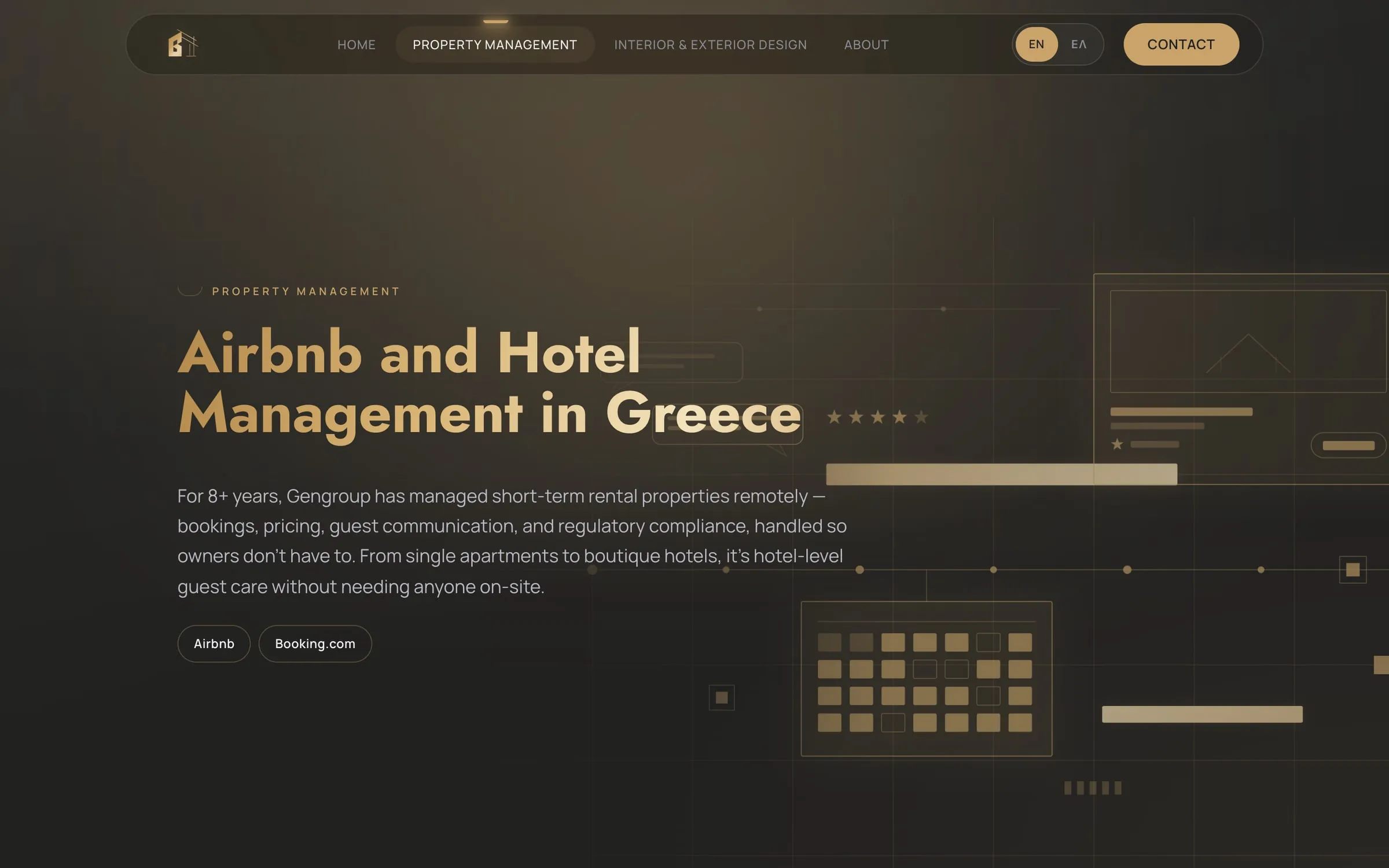 Property management page with an animated booking board
