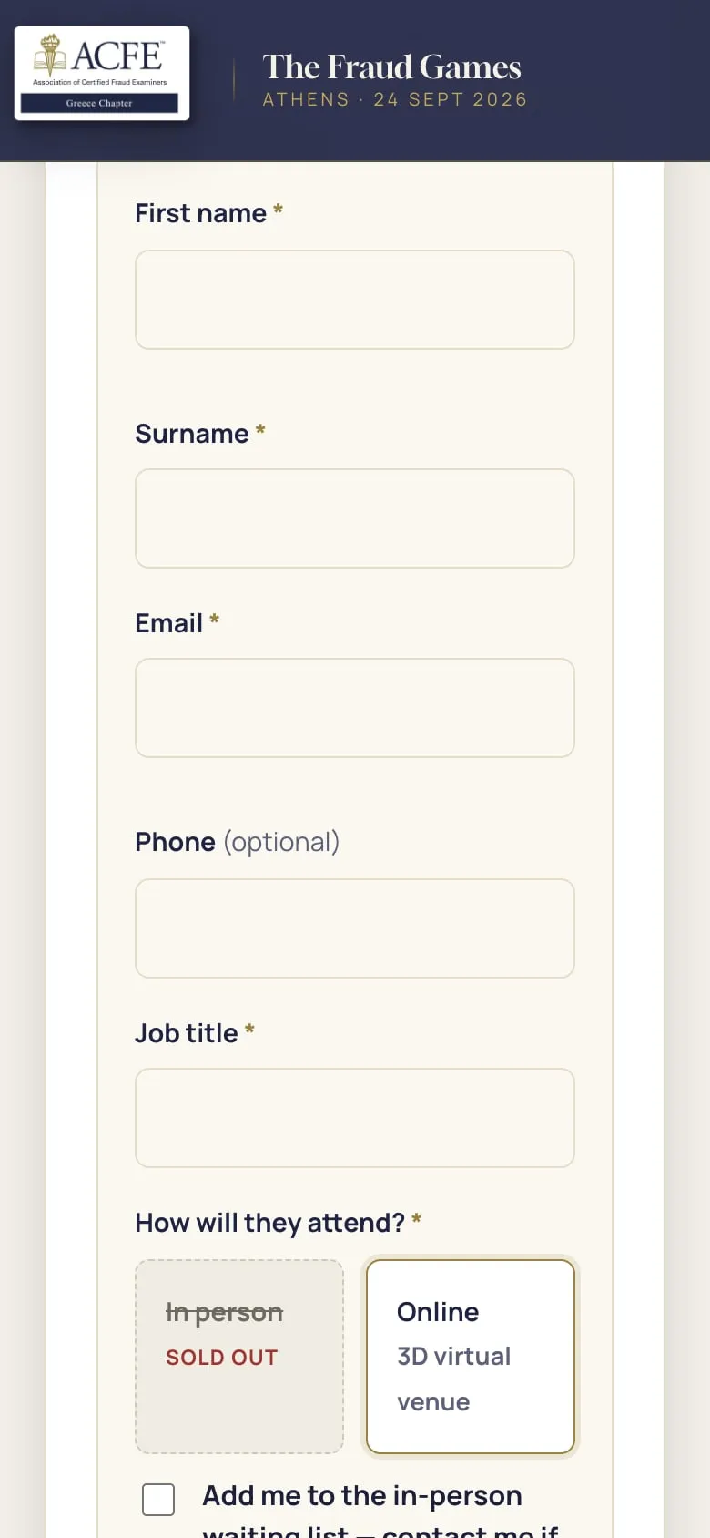 Registration form on a phone