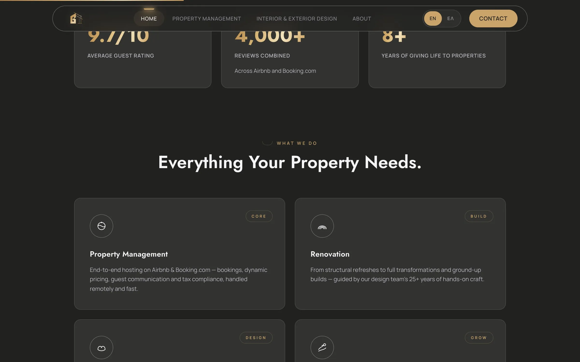 Stats and service cards on the home page