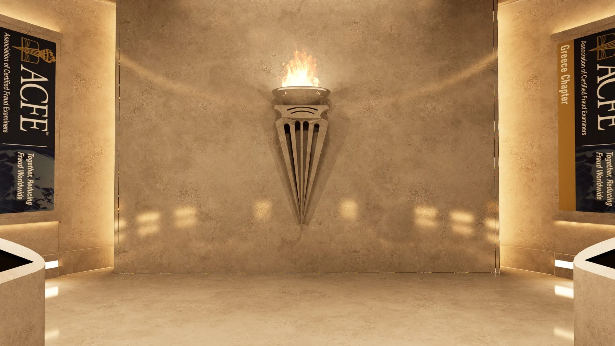Sponsor hall with a lit torch on a stone wall